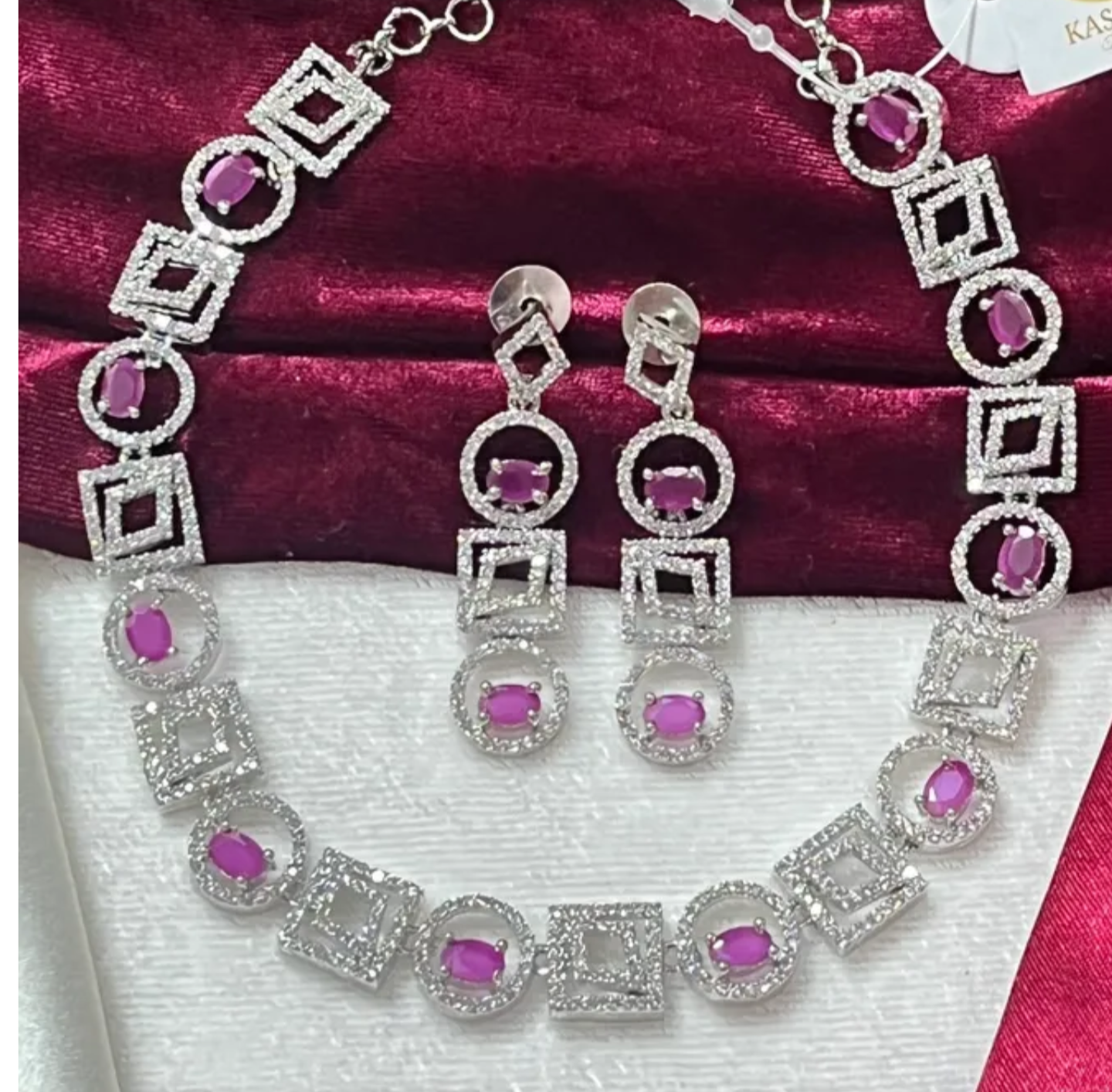 Pink white American Diamond Necklace Set