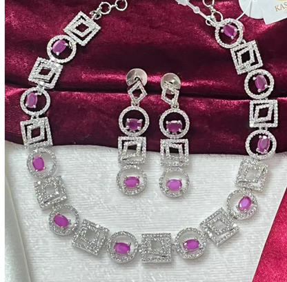 Pink white American Diamond Necklace Set