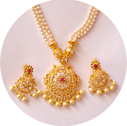 Pearl American Diamond 1 gram Gold plated Long NecklaceSet