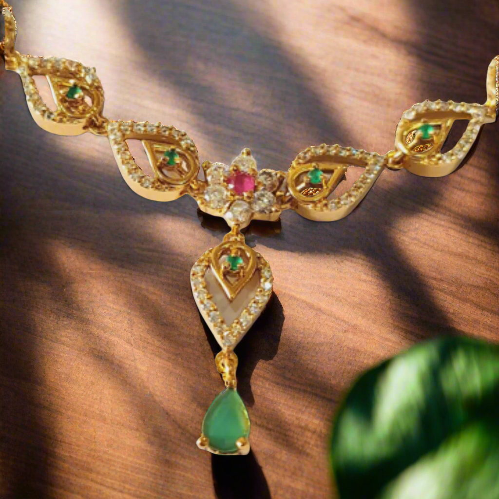 Pink & Green Ruby Gold-Plated Necklace Set.
