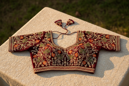 Wine Velvet Floral Embroidered Designer Blouse
