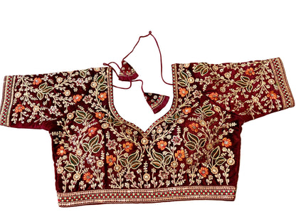 Wine Velvet Floral Embroidered Designer Blouse