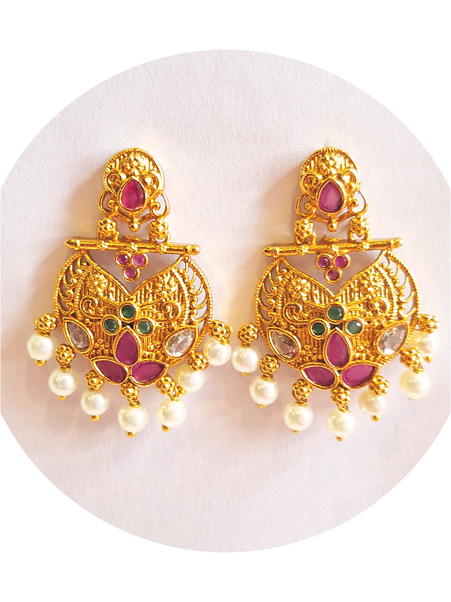 Pink Green Ruby 1.5 Gram Gold Plated Hanging Earrings