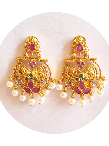 Pink Green Ruby 1.5 Gram Gold Plated Hanging Earrings
