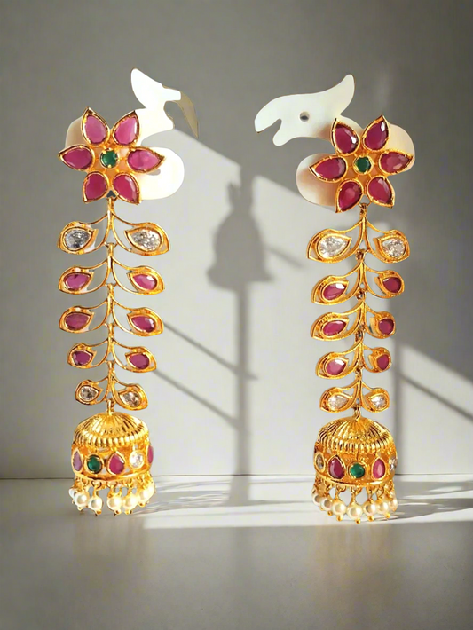 Pink Ruby Long 1.5 Gram Gold Plated Jhumki | Earrings