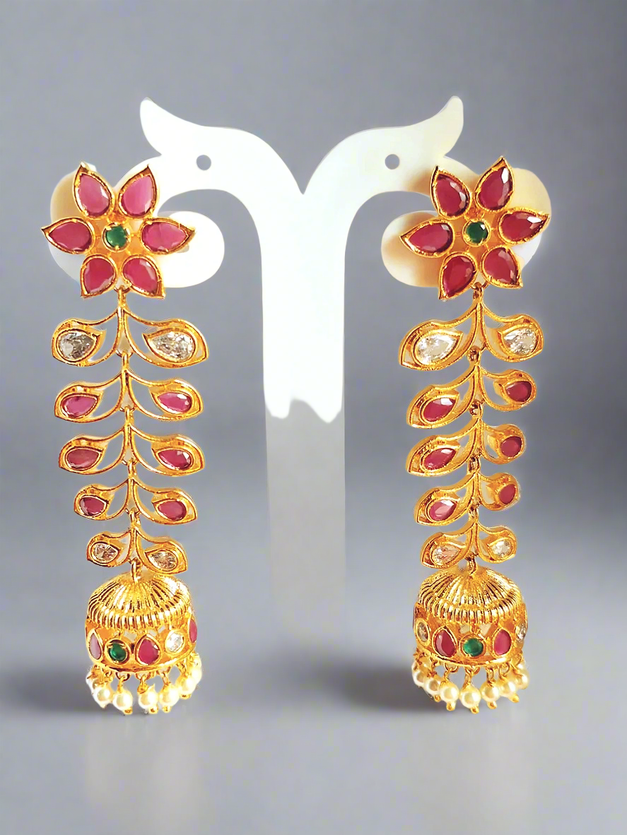 Pink Ruby Long 1.5 Gram Gold Plated Jhumki | Earrings