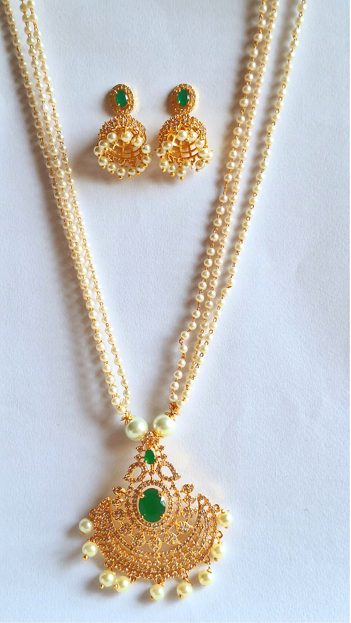 Green American Diamond Pearl Chain Long Necklace Set
