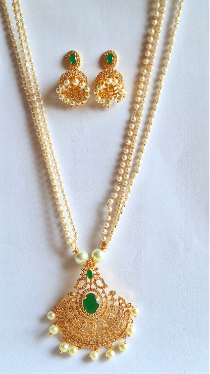 Green American Diamond Pearl Chain Long Necklace Set