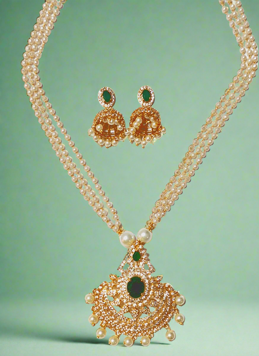 Green American Diamond Pearl Chain Long Necklace Set