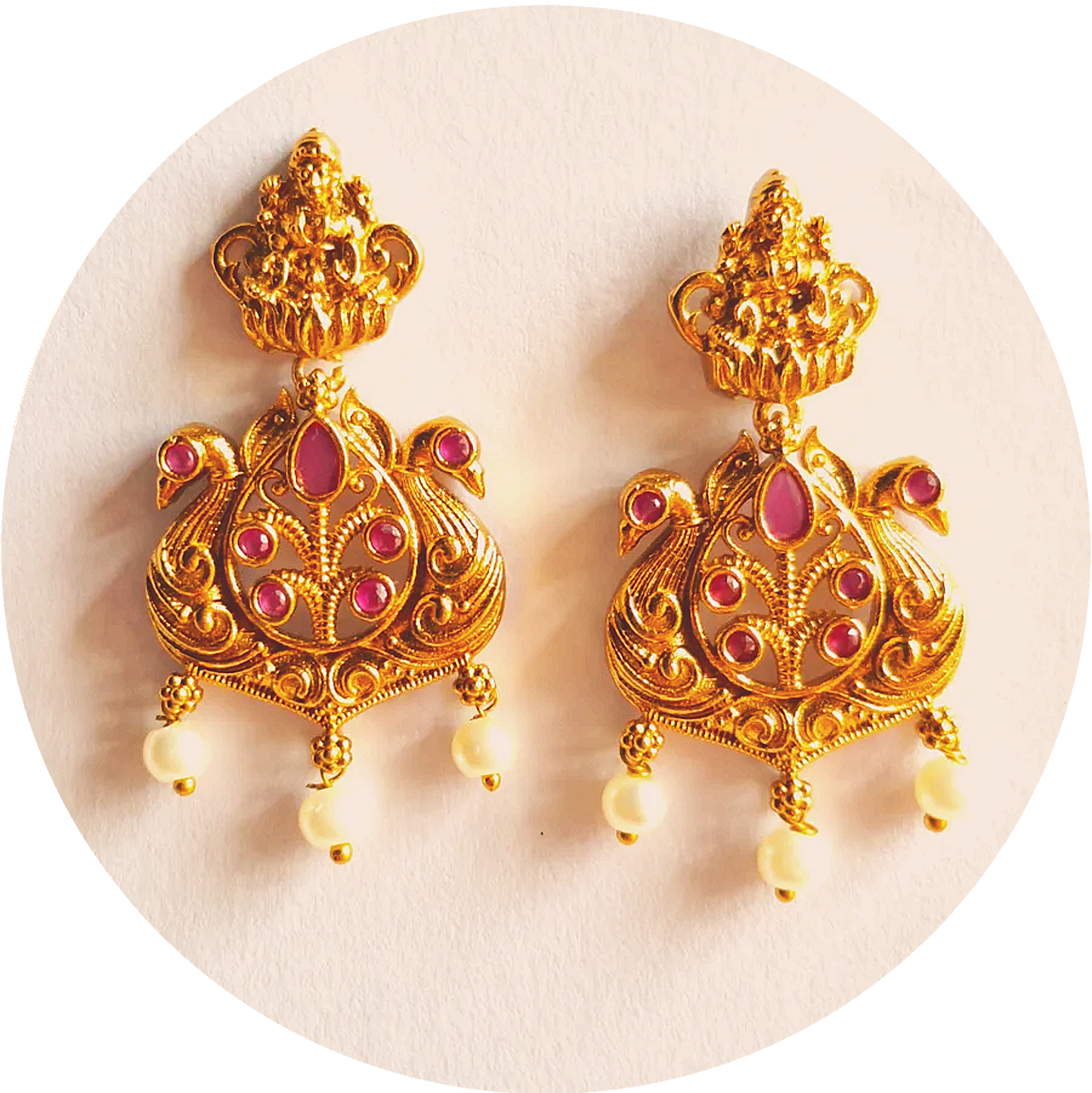 Exquisite Temple Earrings Adorned with Radiant Pink Ruby Stones