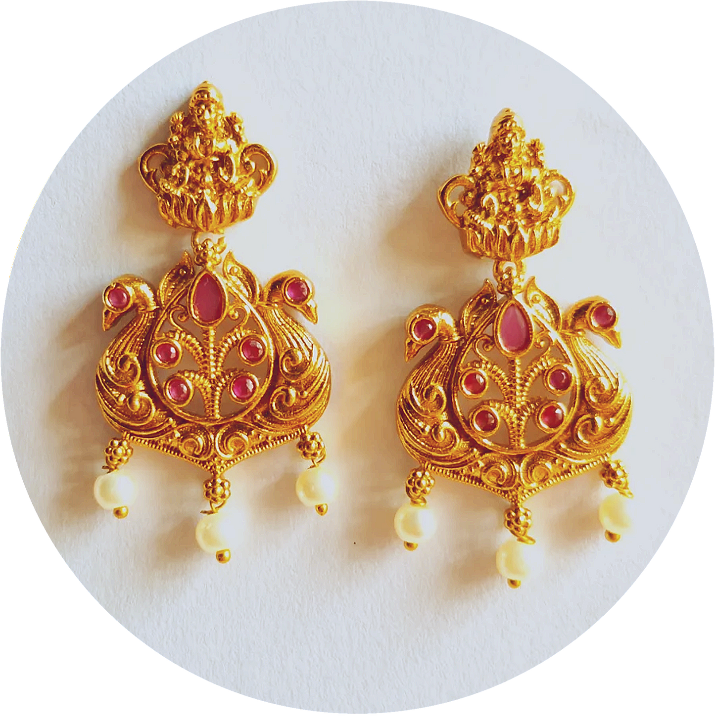 Exquisite Temple Earrings Adorned with Radiant Pink Ruby Stones