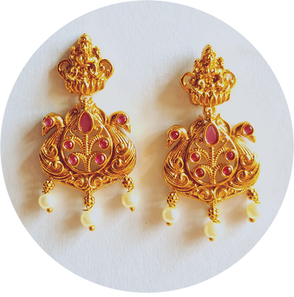 Exquisite Temple Earrings Adorned with Radiant Pink Ruby Stones