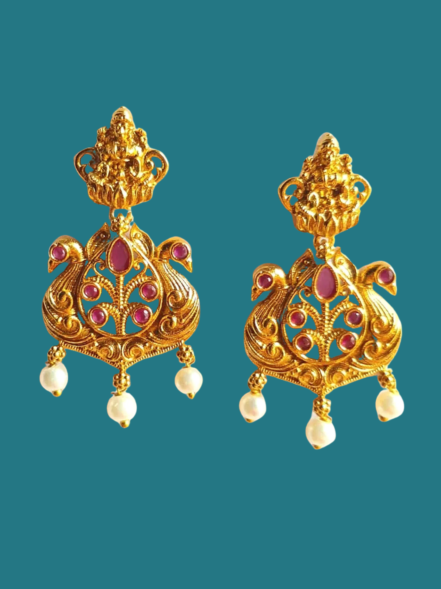 Exquisite Temple Earrings Adorned with Radiant Pink Ruby Stones