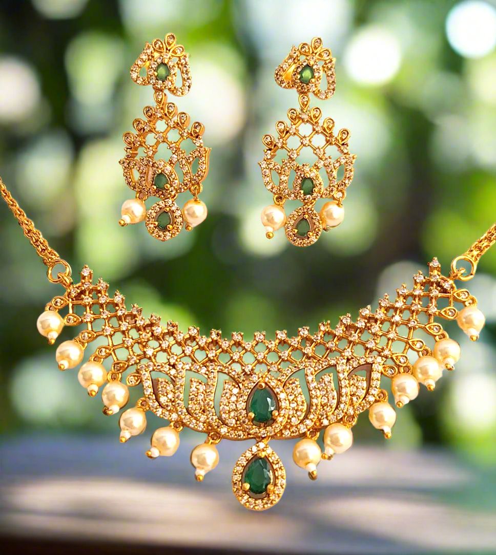 Lotus design Green Stone 1.5 Gram Gold plated Necklace Set