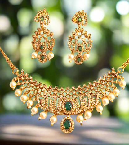 Lotus design Green Stone 1.5 Gram Gold plated Necklace Set