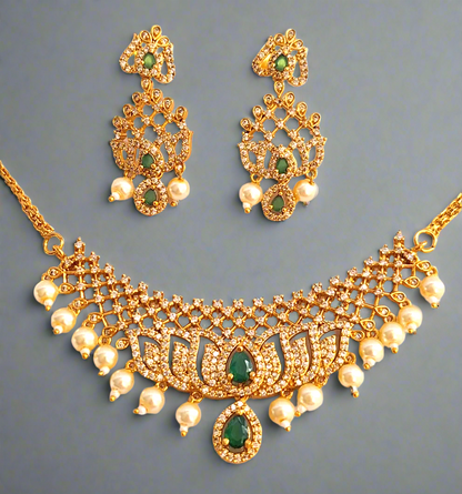Lotus design Green Stone 1.5 Gram Gold plated Necklace Set