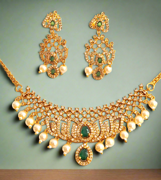 Lotus design Green Stone 1.5 Gram Gold plated Necklace Set