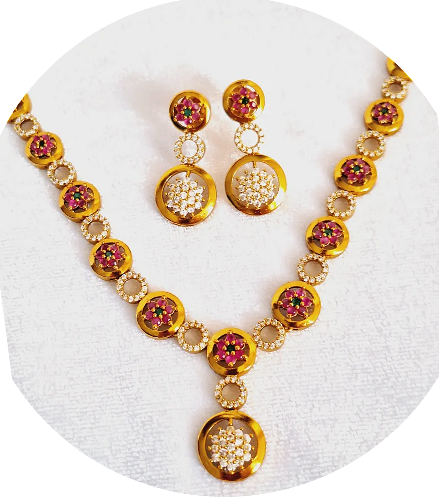 Pink Ruby American Diamond 1.5 Gram Gold Plated Necklace Set with Earring