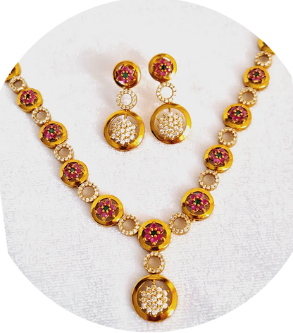 Pink Ruby American Diamond 1.5 Gram Gold Plated Necklace Set with Earring