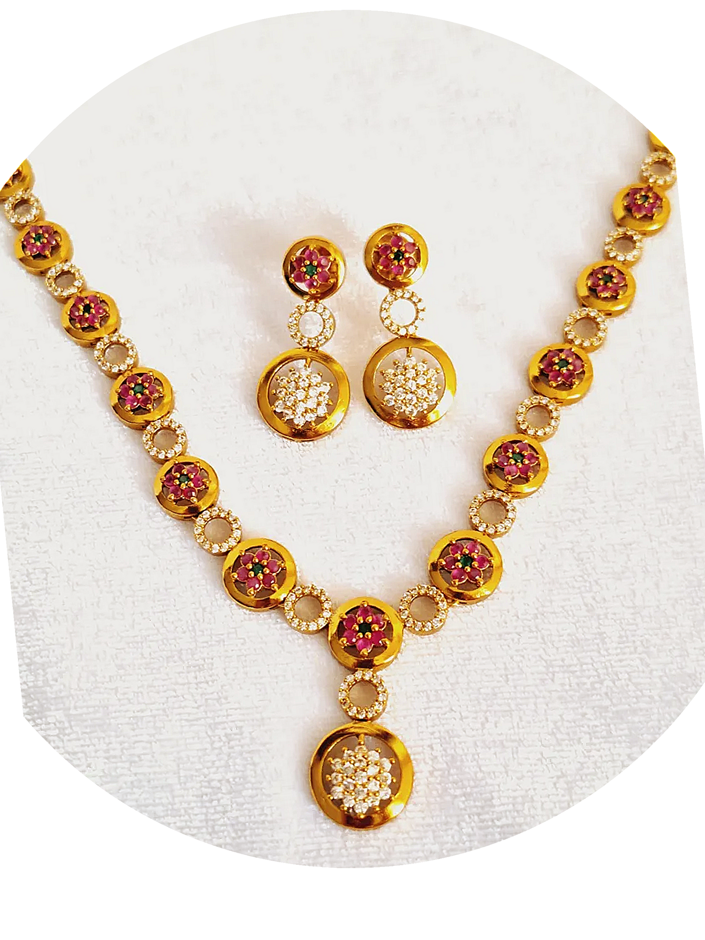 Pink Ruby American Diamond 1.5 Gram Gold Plated Necklace Set with Earring
