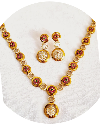 Pink Ruby American Diamond 1.5 Gram Gold Plated Necklace Set with Earring