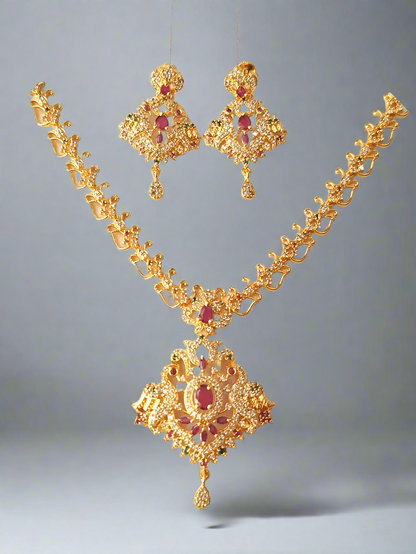 Pink Ruby 1.5 Gram Gold Plated American Diamond Long Necklace Set