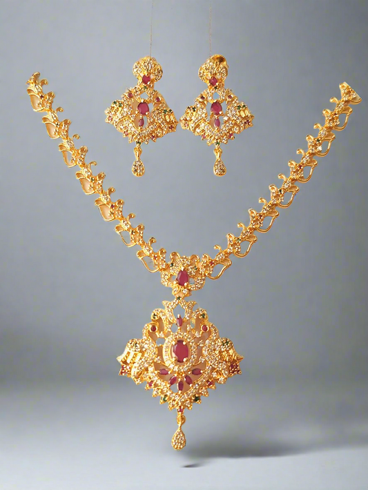 Pink Ruby 1.5 Gram Gold Plated American Diamond Long Necklace Set