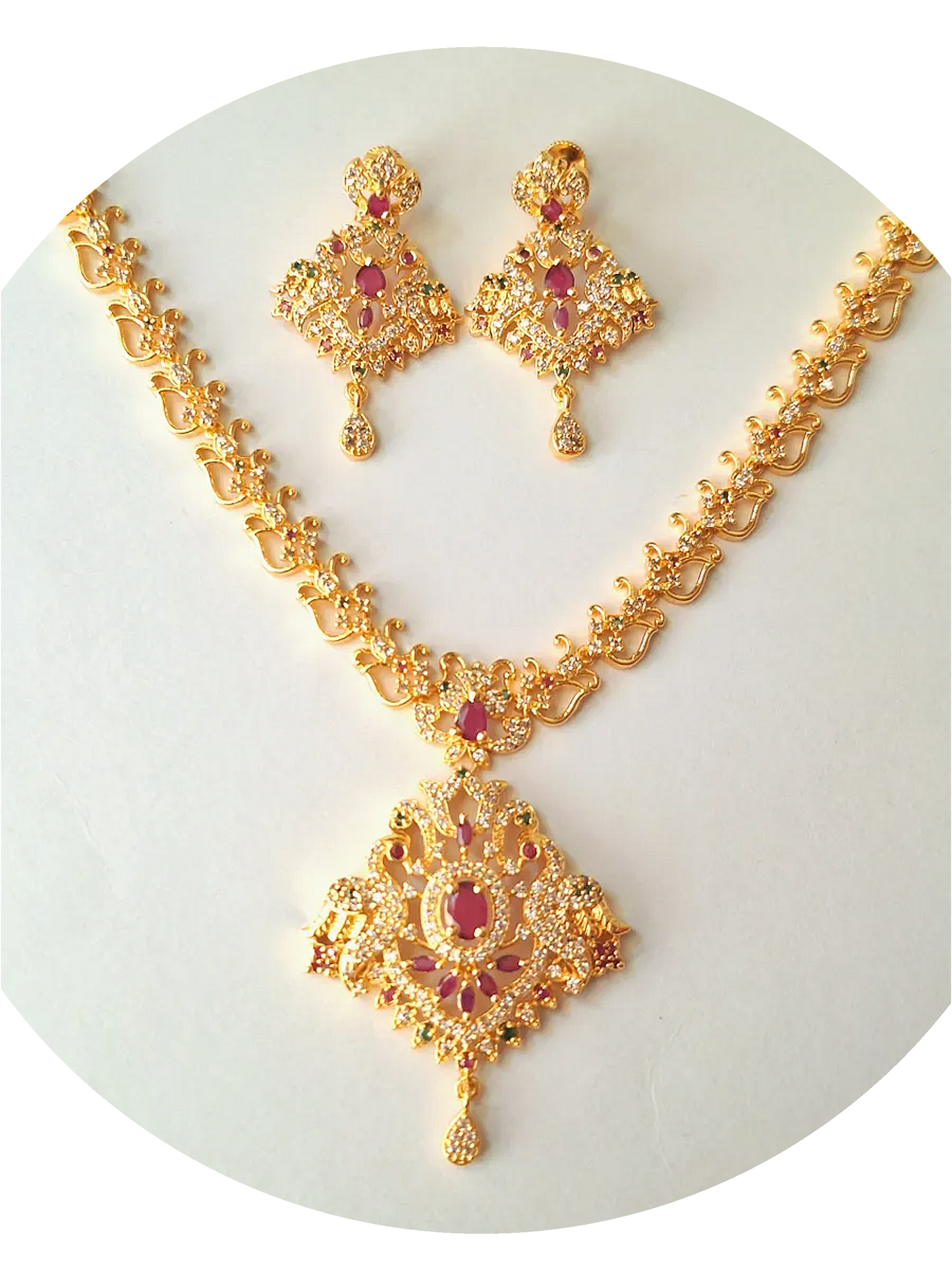 Pink Ruby 1.5 Gram Gold Plated American Diamond Long Necklace Set