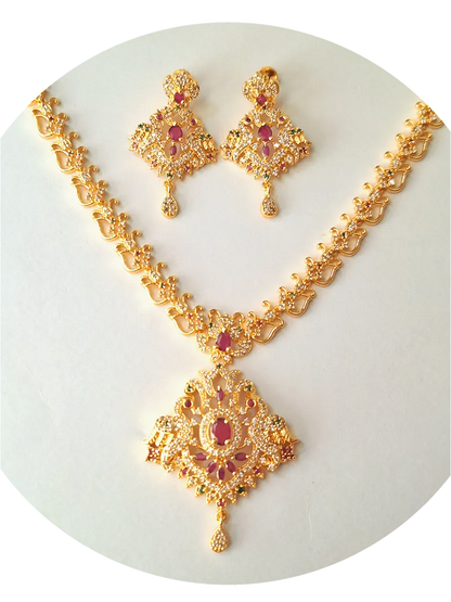 Pink Ruby 1.5 Gram Gold Plated American Diamond Long Necklace Set