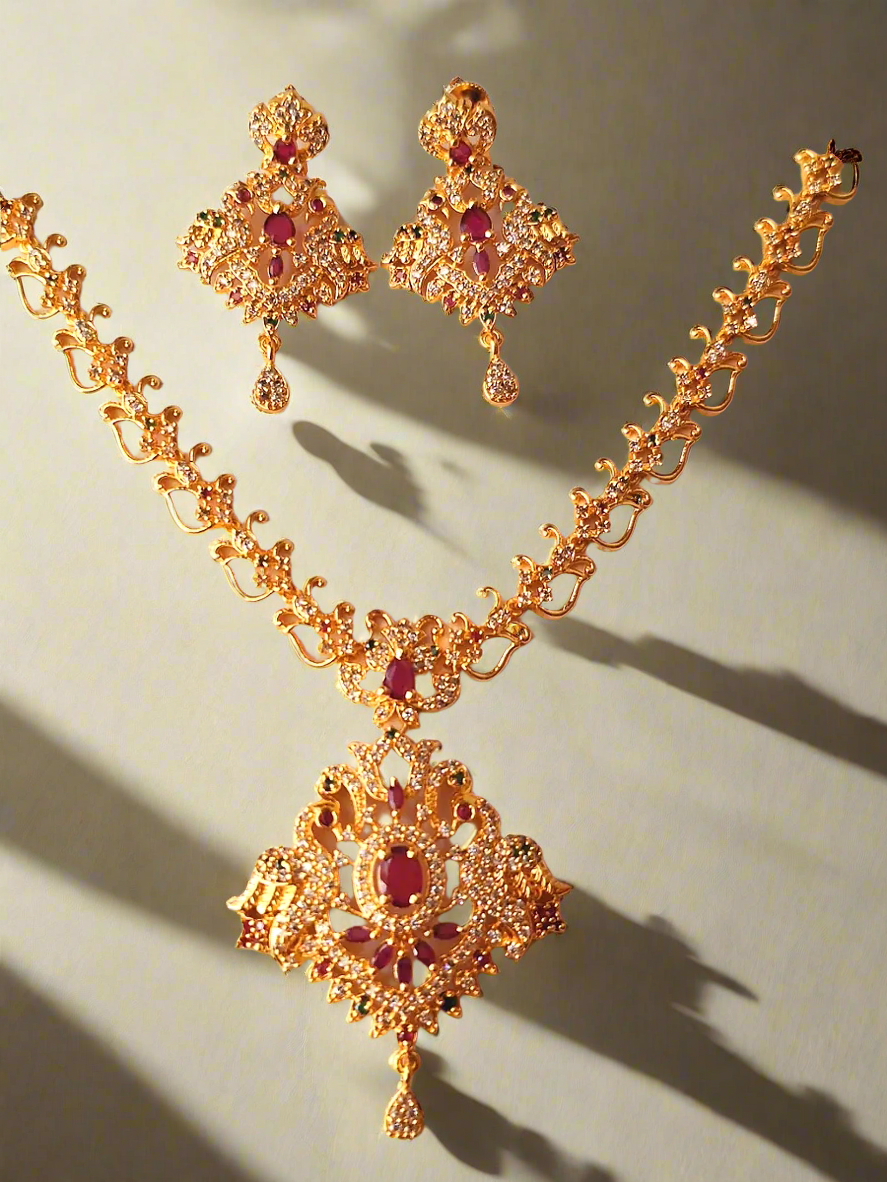 Pink Ruby 1.5 Gram Gold Plated American Diamond Long Necklace Set