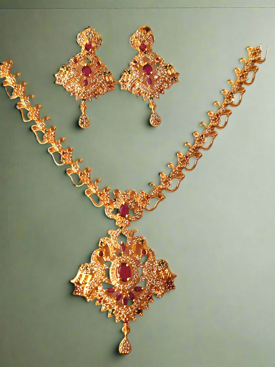 Pink Ruby 1.5 Gram Gold Plated American Diamond Long Necklace Set