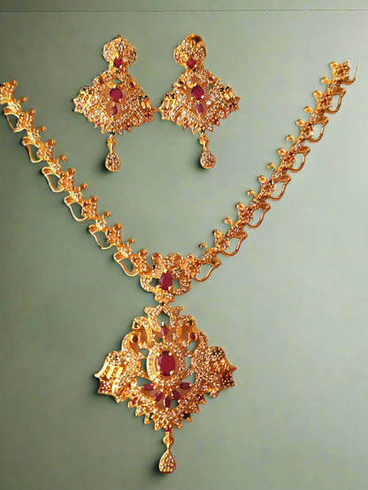 Pink Ruby 1.5 Gram Gold Plated American Diamond Long Necklace Set