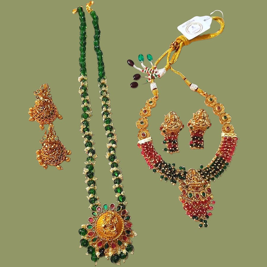 Green Color Temple Design Necklace Set Combo - Traditional Indian Bridal Jewelry