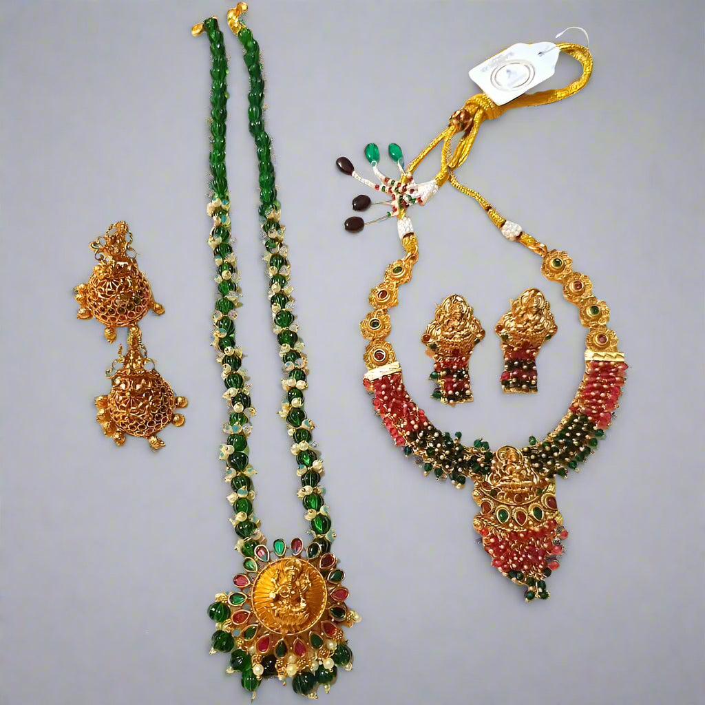 Green Color Temple Design Necklace Set Combo - Traditional Indian Bridal Jewelry