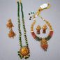 Green Color Temple Design Necklace Set Combo - Traditional Indian Bridal Jewelry