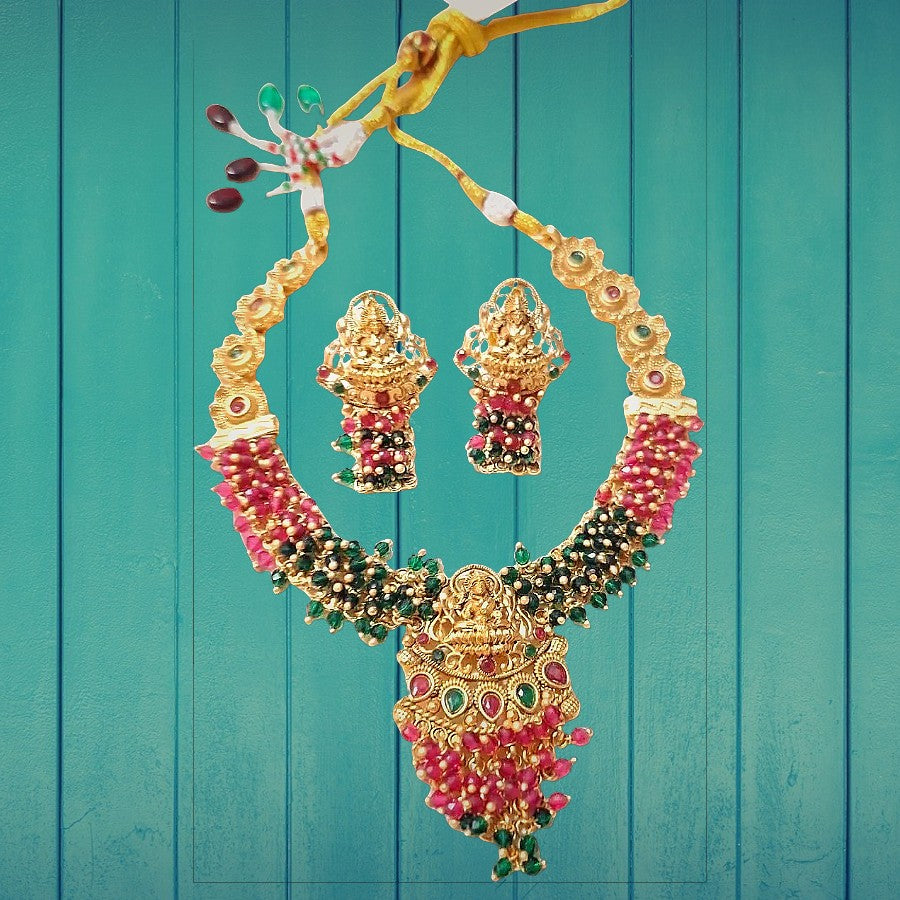 Green Color Temple Design Necklace Set Combo - Traditional Indian Bridal Jewelry