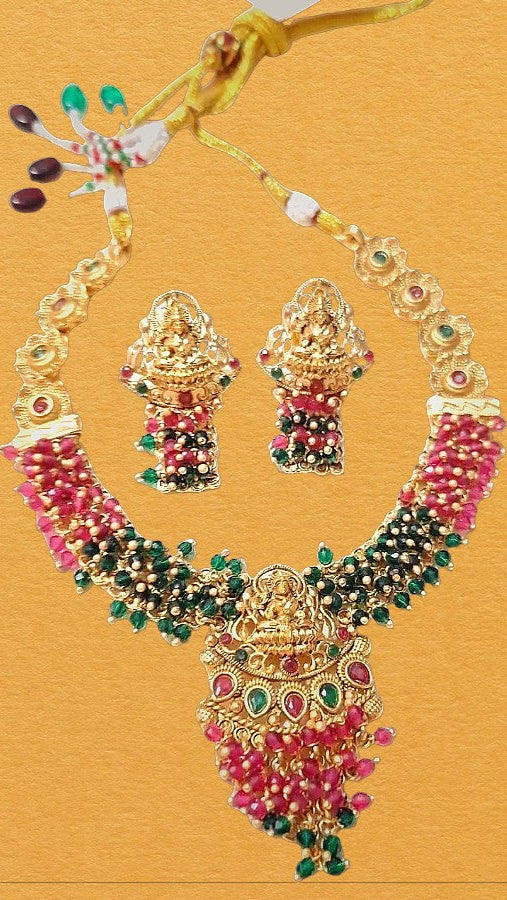 Green Color Temple Design Necklace Set Combo - Traditional Indian Bridal Jewelry