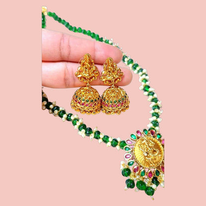 Green Color Temple Design Necklace Set Combo - Traditional Indian Bridal Jewelry