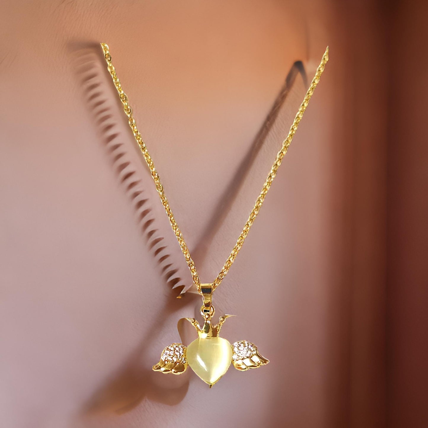 Frill Feather Heart Pendant Chain Gold Plate Necklace