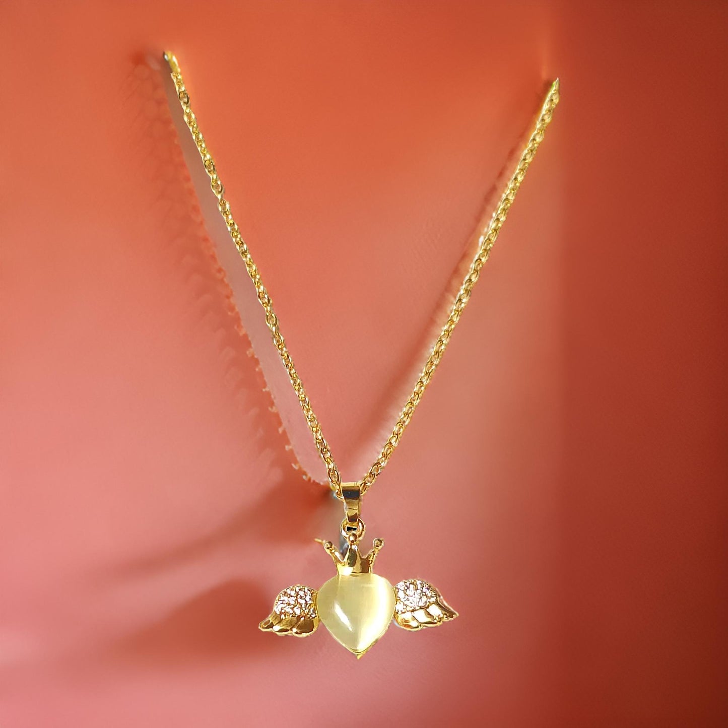 Frill Feather Heart Pendant Chain Gold Plate Necklace