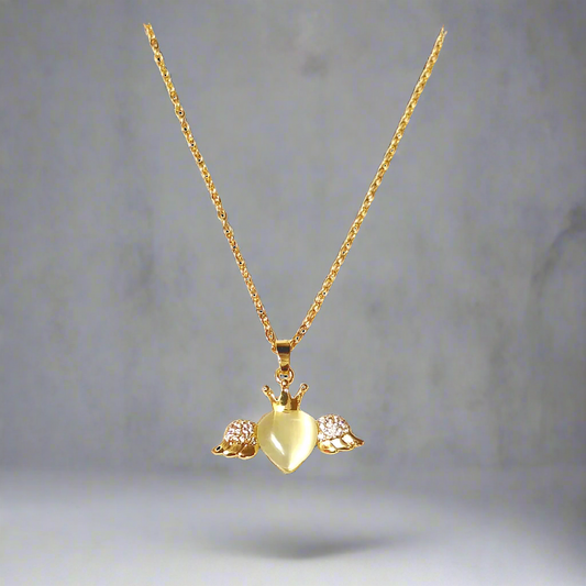 Frill Feather Heart Pendant Chain Gold Plate Necklace