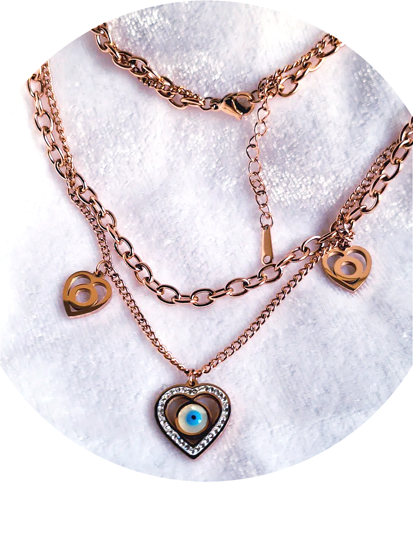 Anti Tarnish Triple Heart Evil Eye Rose Pink Plated Chain Necklace