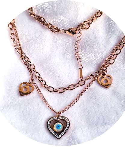 Anti Tarnish Triple Heart Evil Eye Rose Pink Plated Chain Necklace