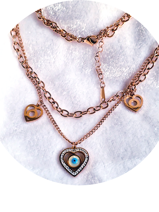 Anti Tarnish Triple Heart Evil Eye Rose Pink Plated Chain Necklace