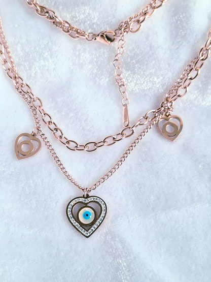 Anti Tarnish Triple Heart Evil Eye Rose Pink Plated Chain Necklace