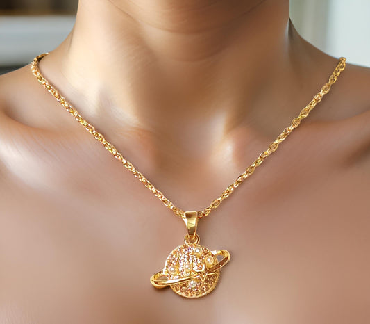 Planet Pendant Anti Tarnish Gold Plated Chain Necklace
