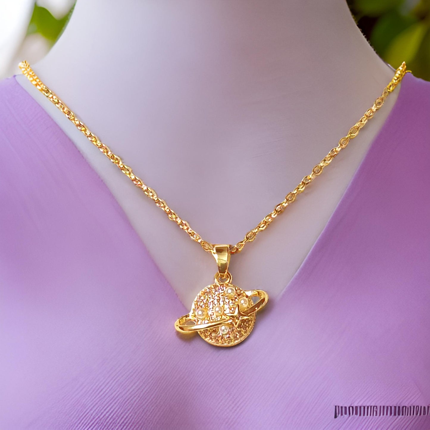 Planet Pendant Anti Tarnish Gold Plated Chain Necklace