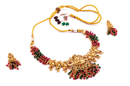Wine Red Green Brass Mata Laxmi Temple Design Gold Plated Necklace set