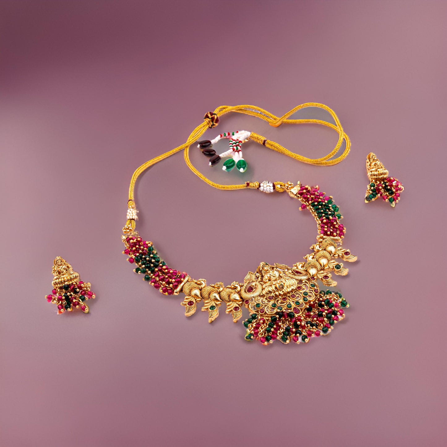 Wine Red Green Brass Mata Laxmi Temple Design Gold Plated Necklace set