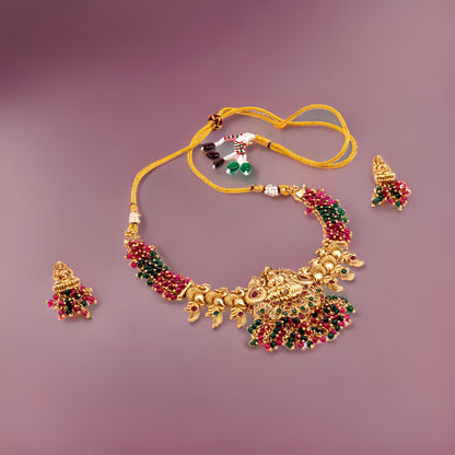 Wine Red Green Brass Mata Laxmi Temple Design Gold Plated Necklace set